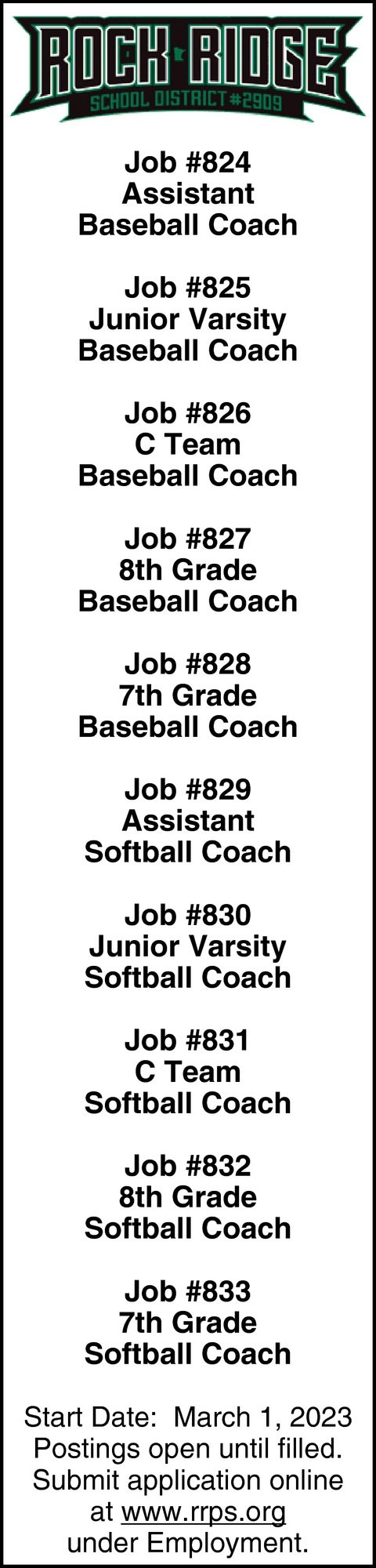 Assistant Baseball Coach, Baseball Coach, Softball Coach