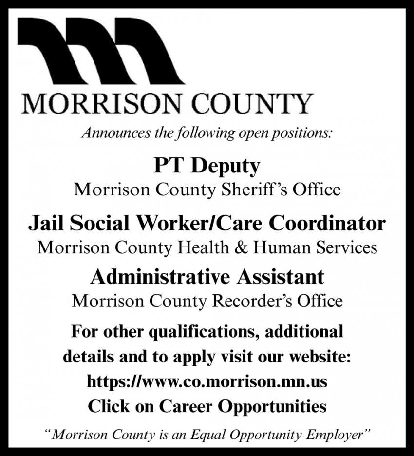 PT Deputy, Jail Social Worker/Care Coordinator, Administrative Assistant