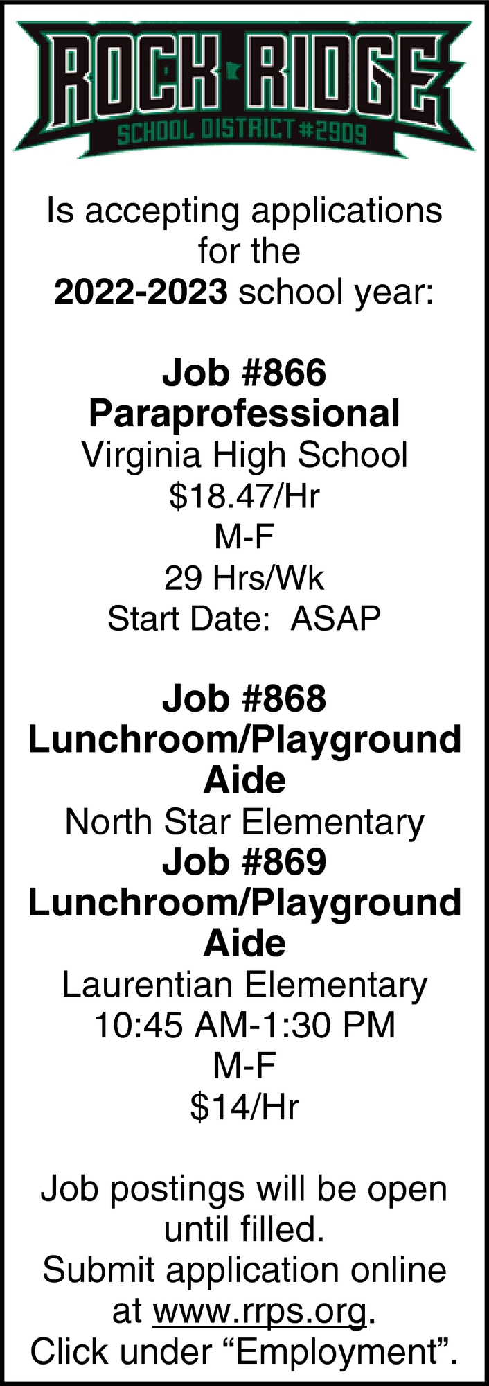 Paraprofessional, Lunchroom/Playground Aide