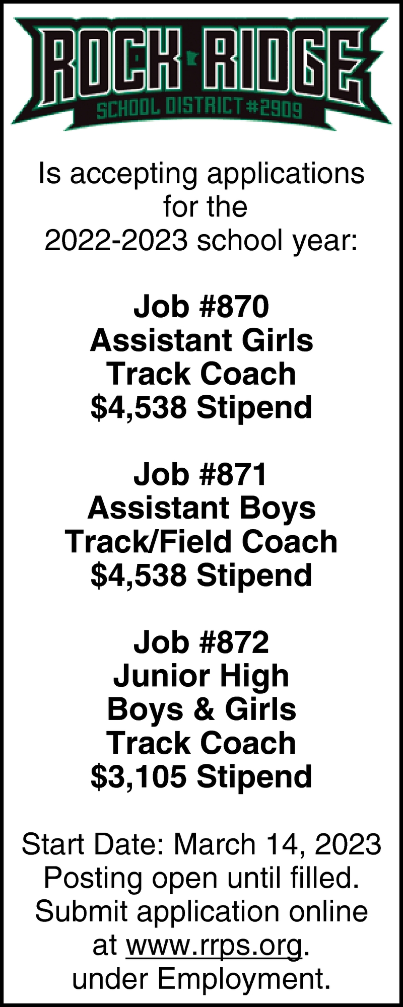 Assistant Girls Track Coach, Assistant Boys Track/Field Coach, Junior High Boys & Girls Track Coach