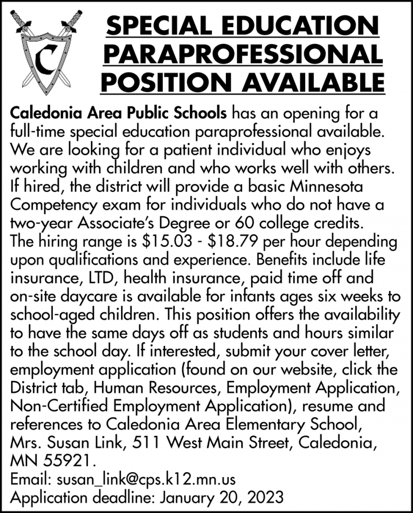Special Education Paraprofessional Position Available