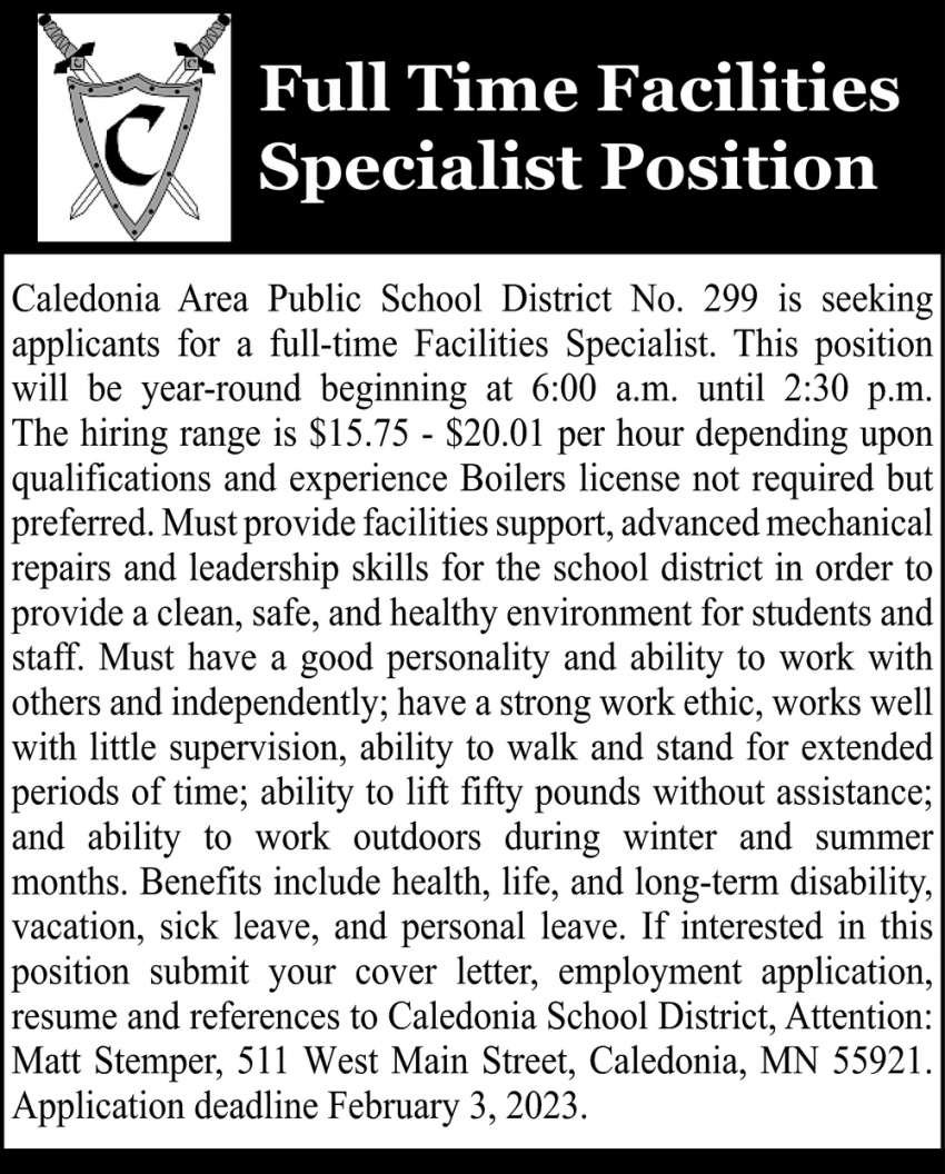 Full Time Facilities Specialist Position