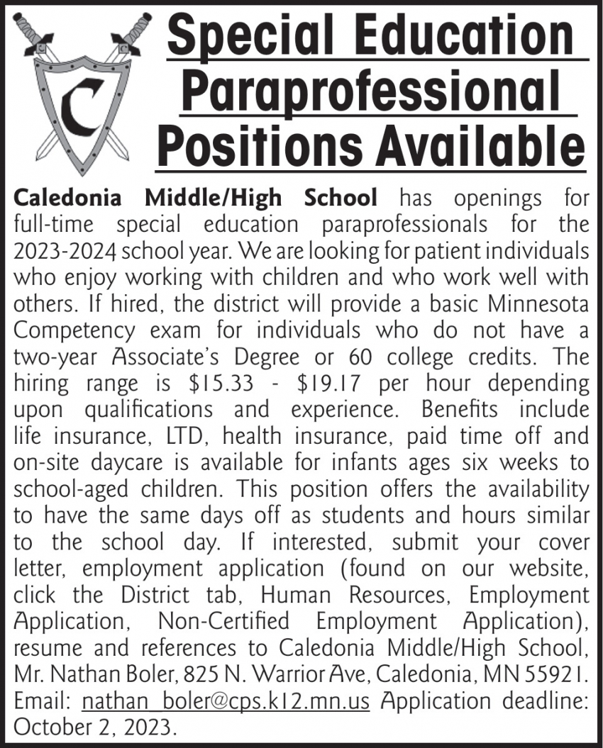 Special Education Paraprofessional Positions Available