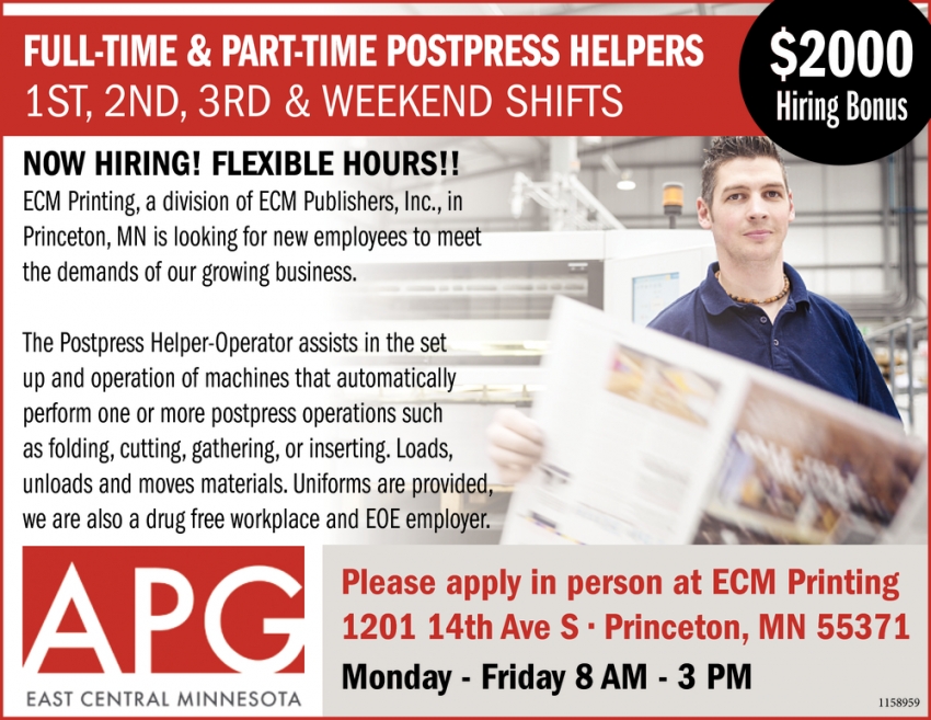 Full Time & Part-Time Postpress Helpers