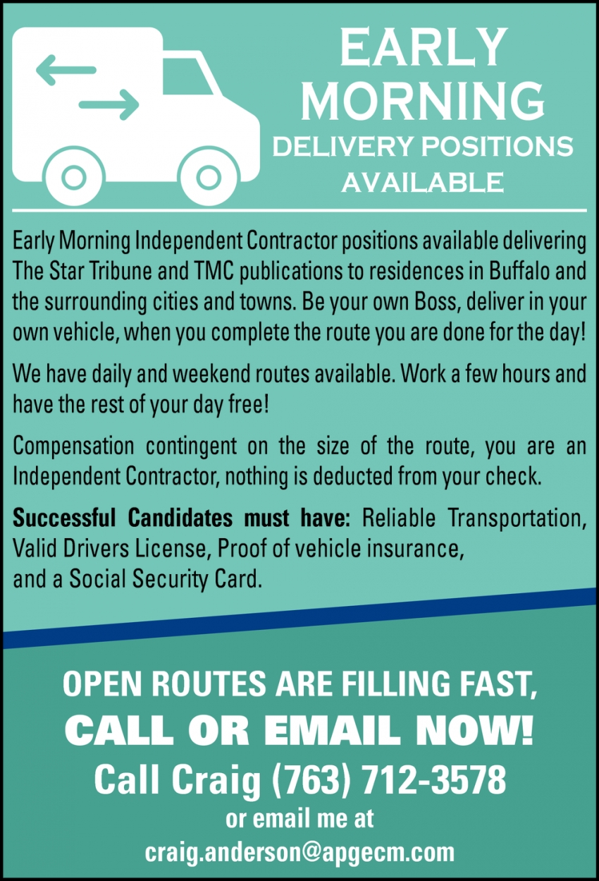 Early Morning Delivery Positions Available
