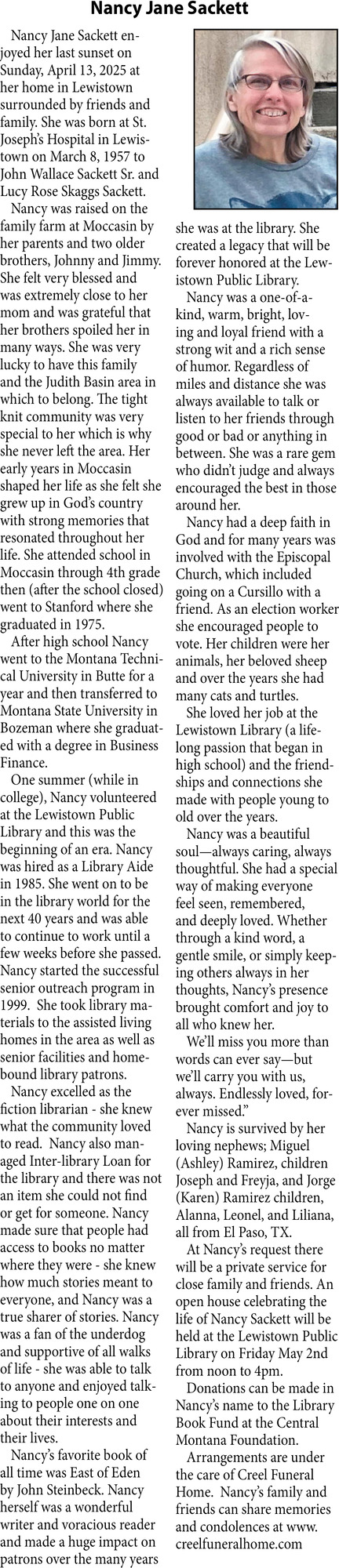 Nancy Jane Sackett, Creel Funeral Home, Lewistown, MT