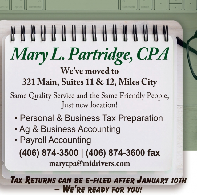 Certified Public Accountant, Mary L. Partridge, CPA, Miles City, MT