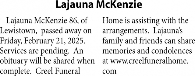 Lajauna McKenzie, Obituaries, Glendive, MT