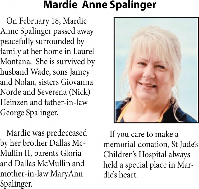 Mardie Anne Spalinger, Obituaries, Glendive, MT