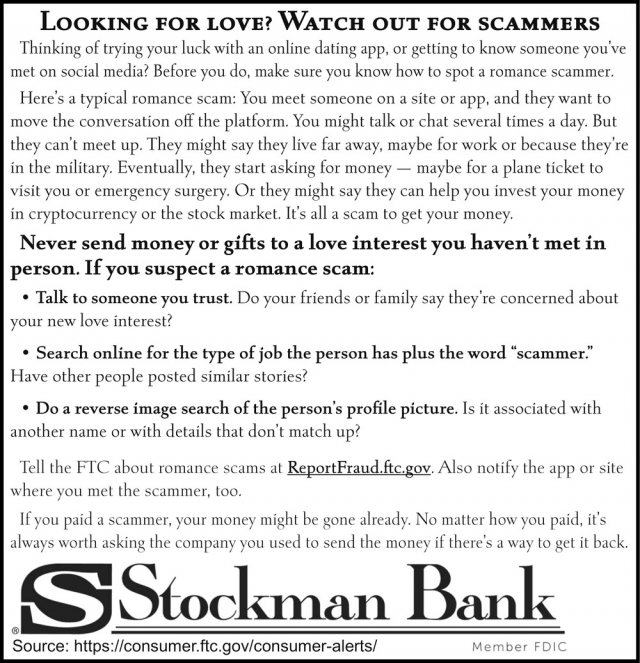 Lloking for Love? Watch Our for Scammers, Stockman Bank