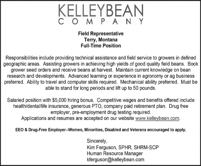 Field Representative, Kelley Bean Co