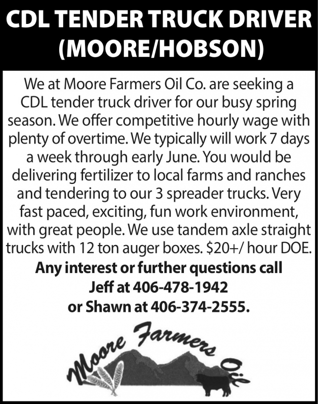 CDL Tender Truck Driver, Moore Farmers Oil Co