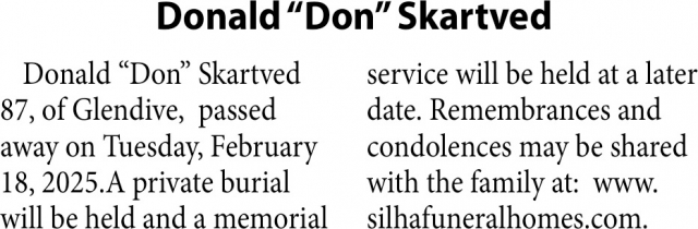 Donald "Don" Skartved, Obituaries, Glendive, MT