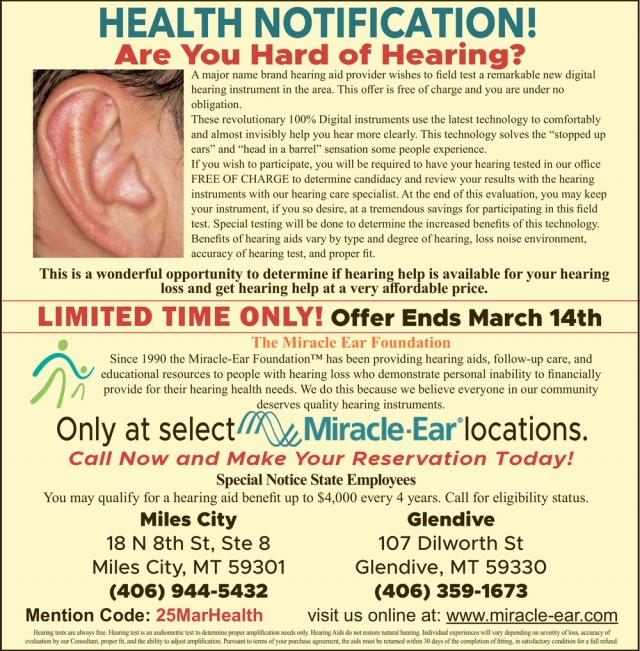 Health Notification,  Miracle-Ear / Miles City - Glendive, Glendive, MT