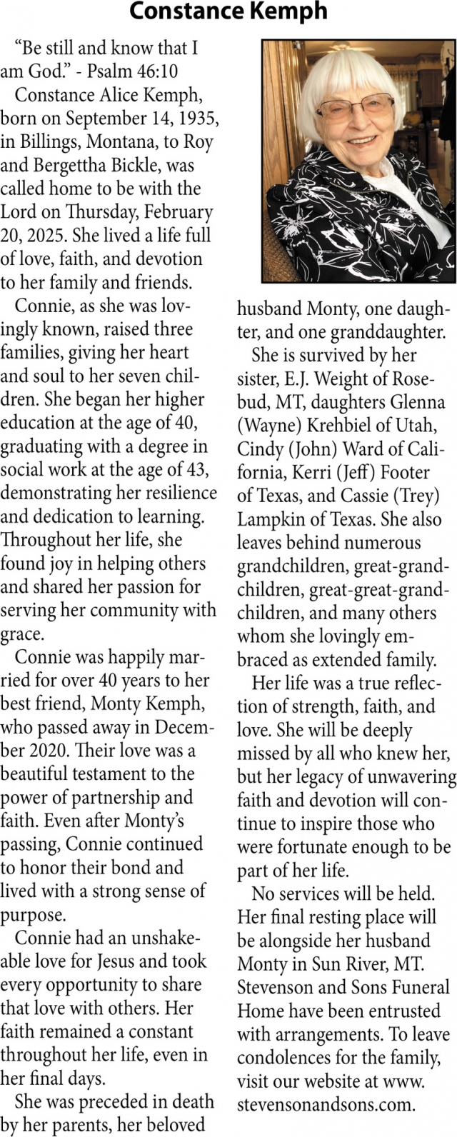 Constance Kemph, Obituaries, Glendive, MT