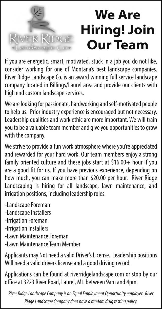 Join Our Team, River Ridge Landscaping, Laurel, MT