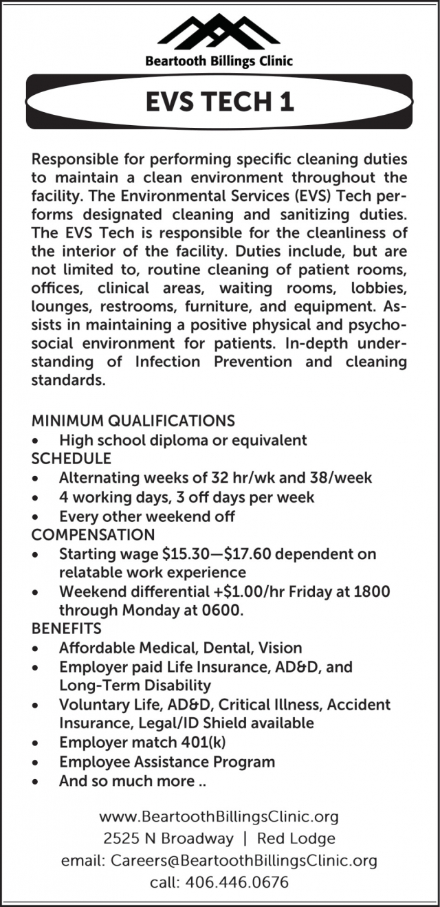 EVS Tech 1, Beartooth Billings Clinic, Red Lodge, MT