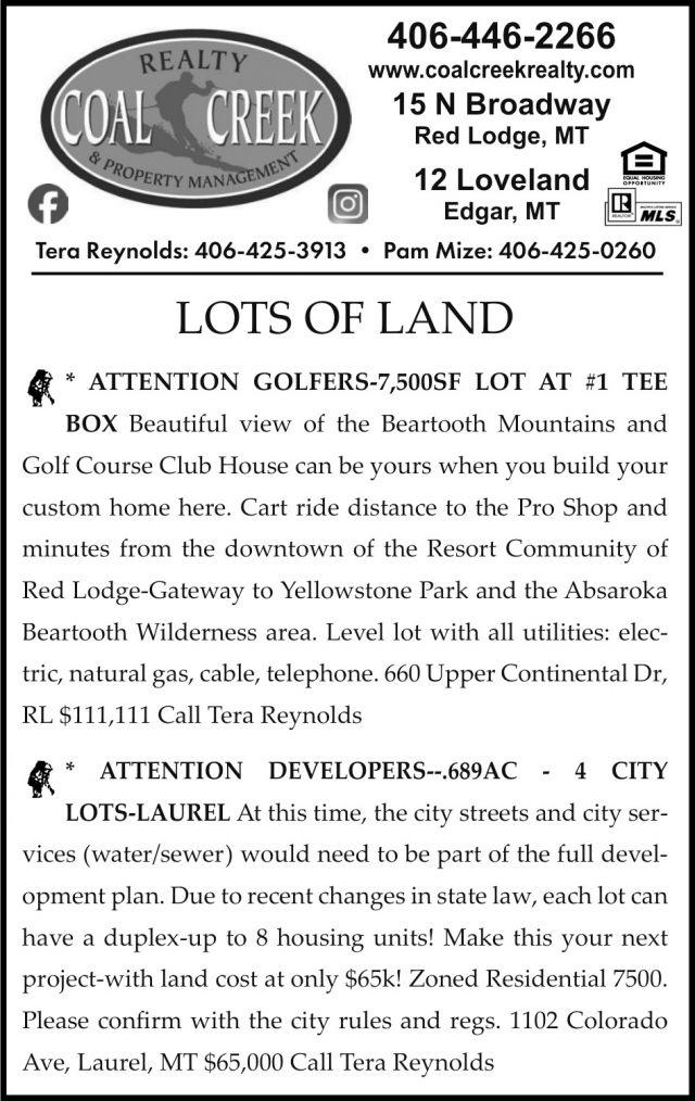 Lots of Land, Coal Creek Realty & Property Management, Edgar, MT