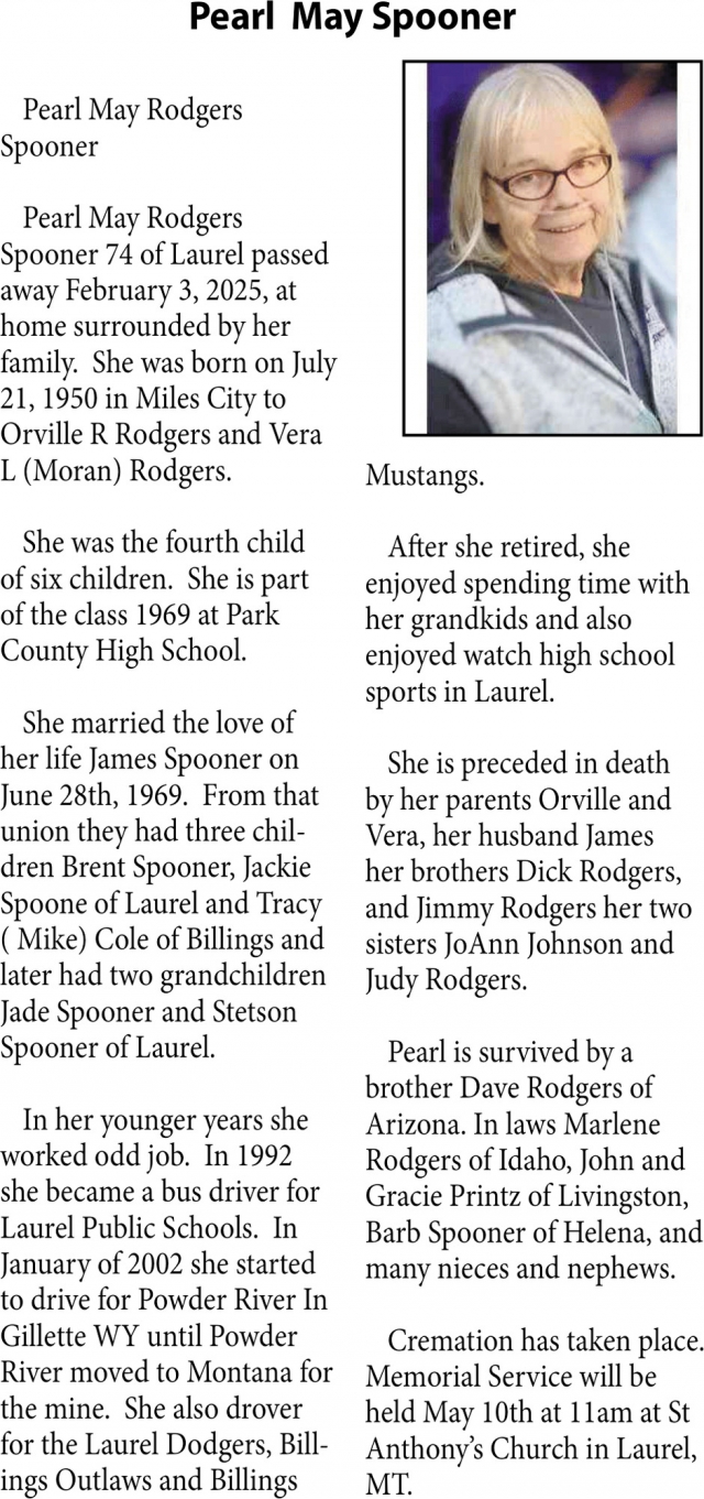 Pearl May Spooner, Obituaries, Glendive, MT