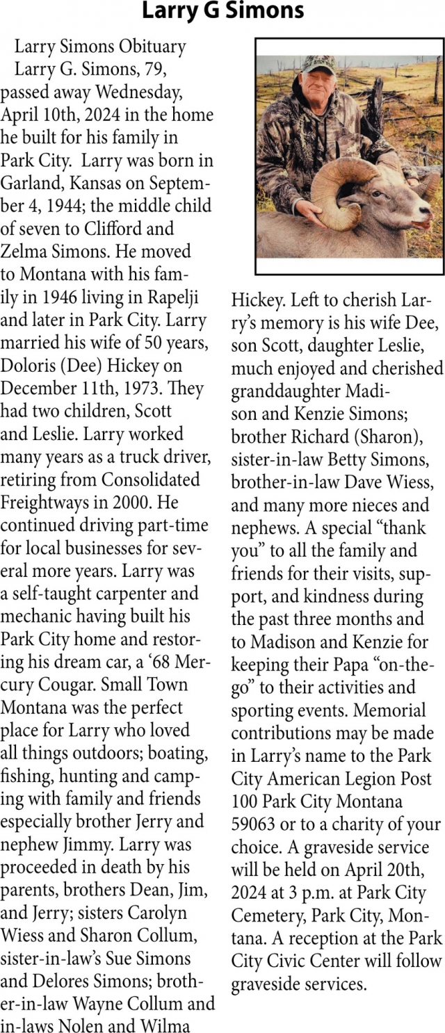 Larry G Simons, Obituaries, Glendive, MT