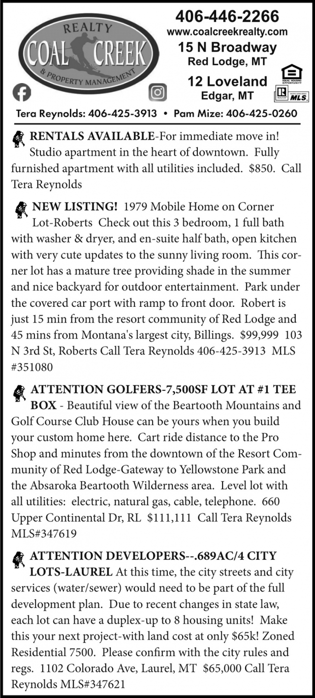 Rentals Available, Coal Creek Realty & Property Management, Edgar, MT
