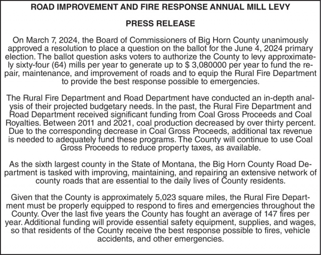 Road Improvement and Fire Response Annual Mill Levy, Big Horn County, Hardin, MT