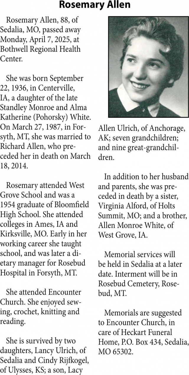Rosemary Allen, Obituaries, Glendive, MT