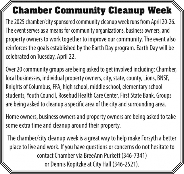 Chamber Community Cleanup Week, City of Forsyth, Forsyth, MT