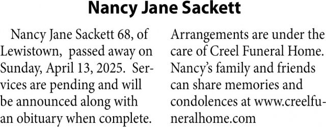 Nancy Jane Sackett, Obituaries, Glendive, MT