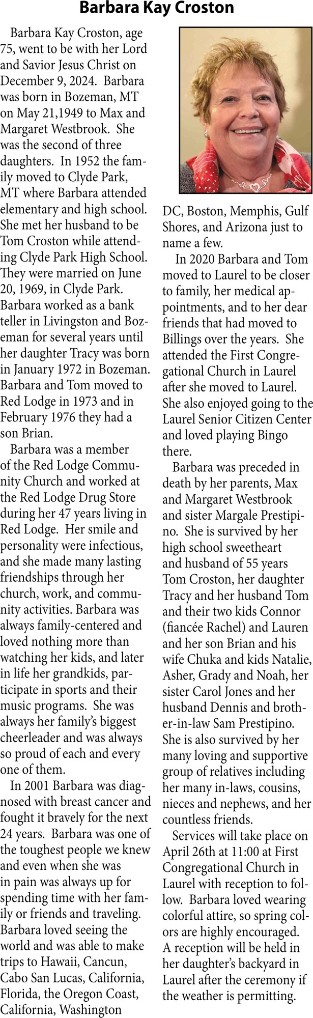 Barbara Kay Croston, Obituaries, Glendive, MT