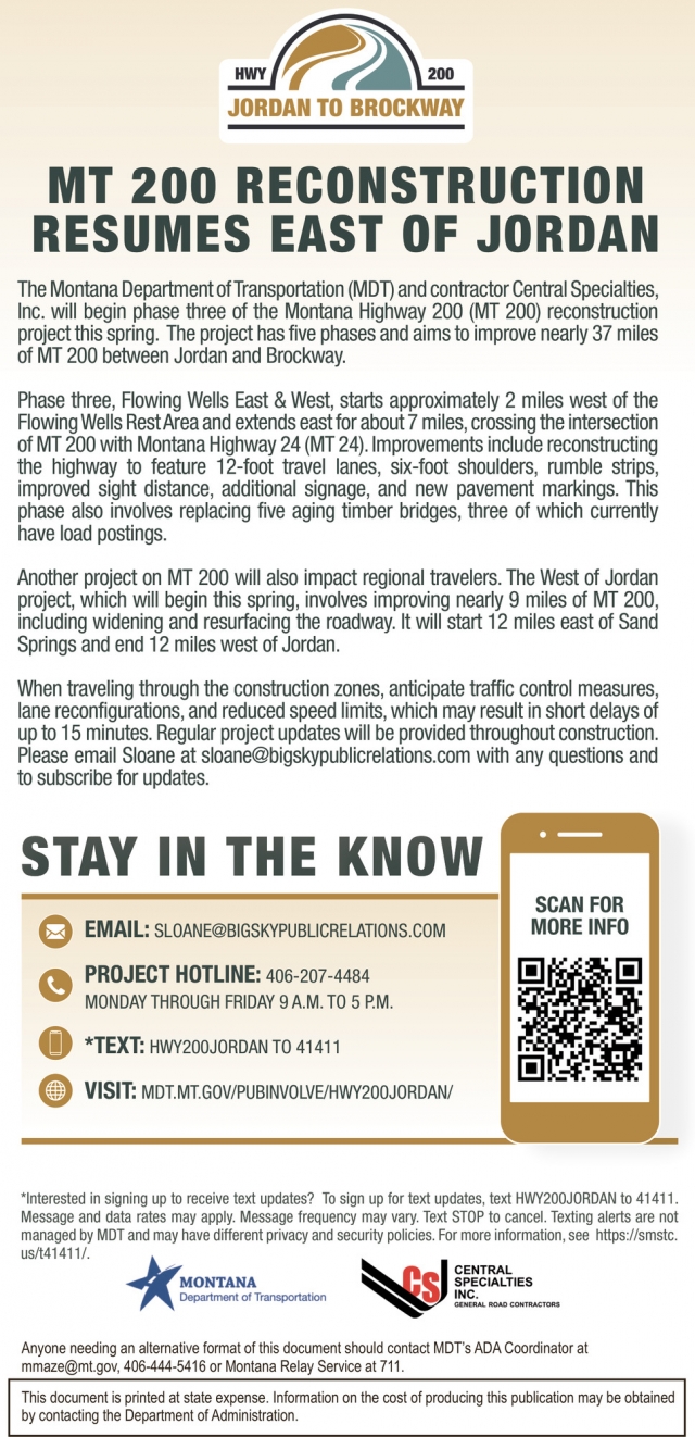 MT 200 Reconstruction Resumes East of Jordan, Montana Department of Transportation - Central Specialties