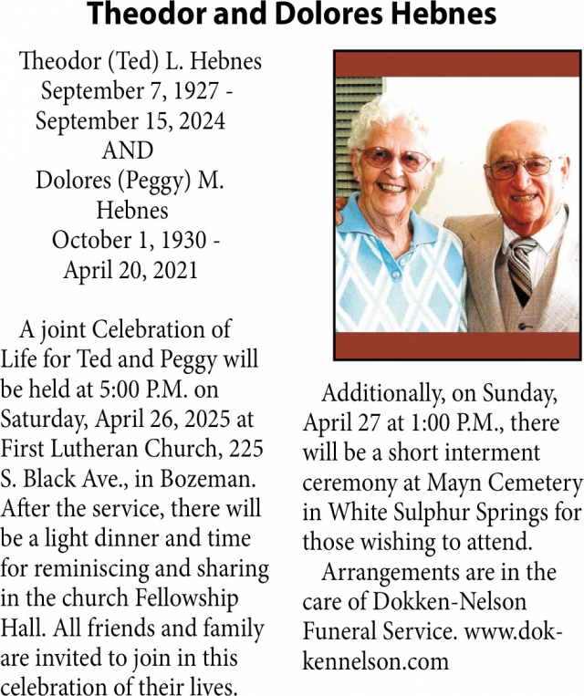 Theodor and Dolores Hebnes, Obituaries, Glendive, MT