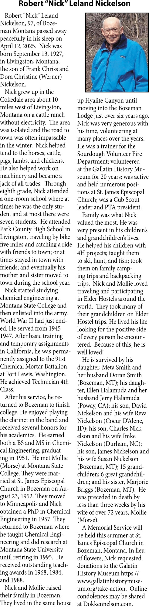Robert Leland Nickelson, Obituaries, Glendive, MT