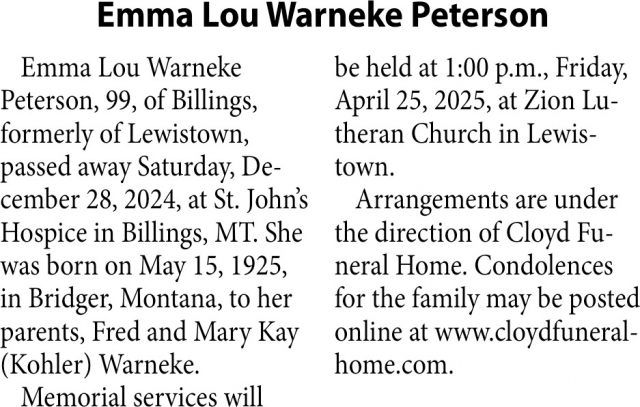 Emma Lou Warneke Peterson, Obituaries, Glendive, MT