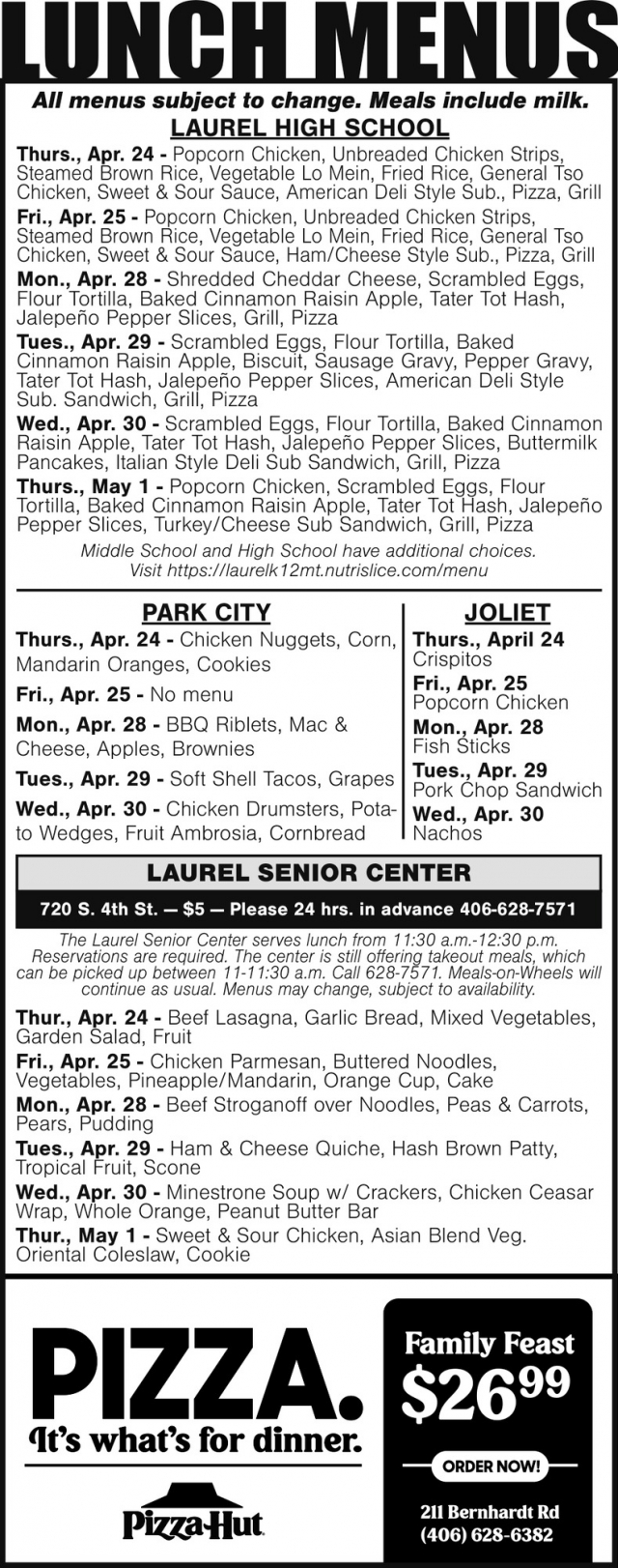 Lunch Menus, Pizza Hut - Laurel, Laurel, MT