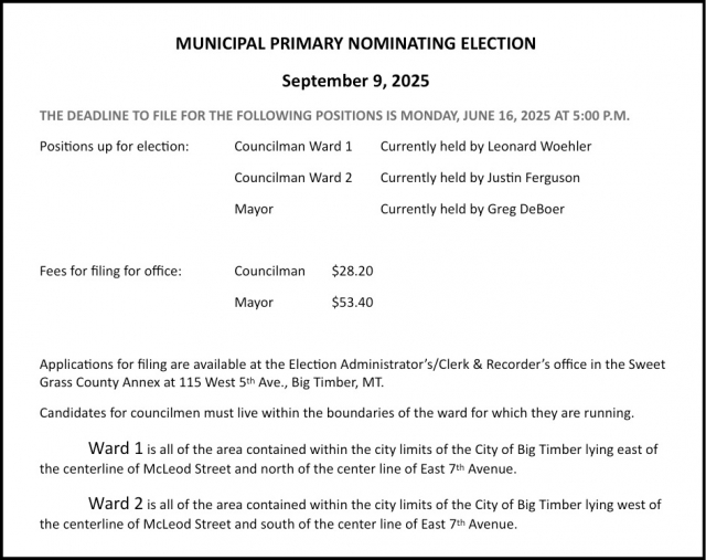 Municipal Primary Nominating Election, City of Big Timber, Big Timber, MT