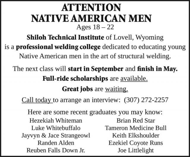 Attention Native American Men, Shiloh Technical Institute