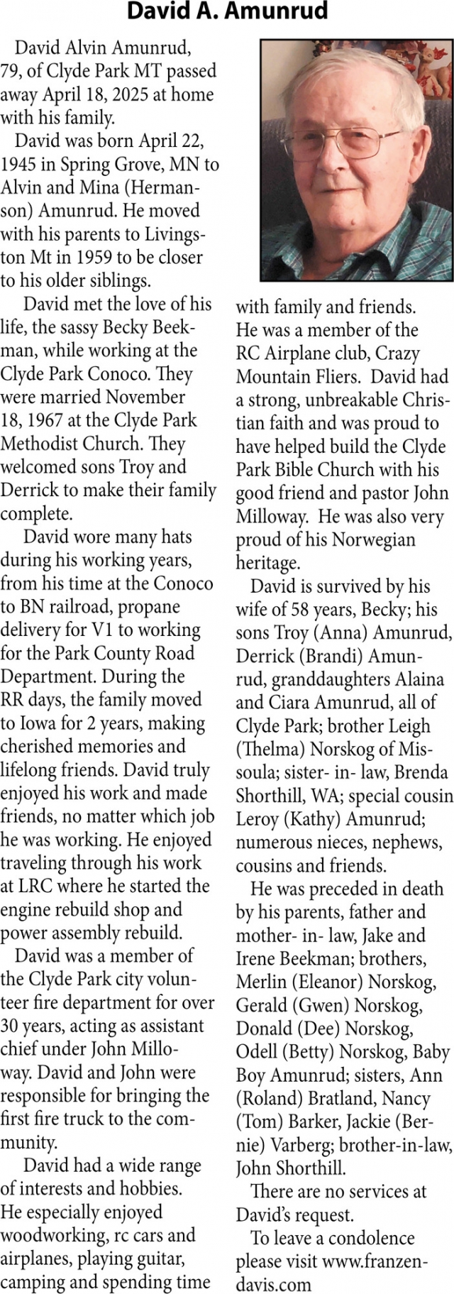 David A. Amurund, Obituaries, Glendive, MT