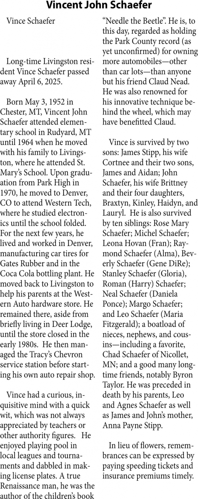 Vincent John Schaefer, Obituaries, Glendive, MT