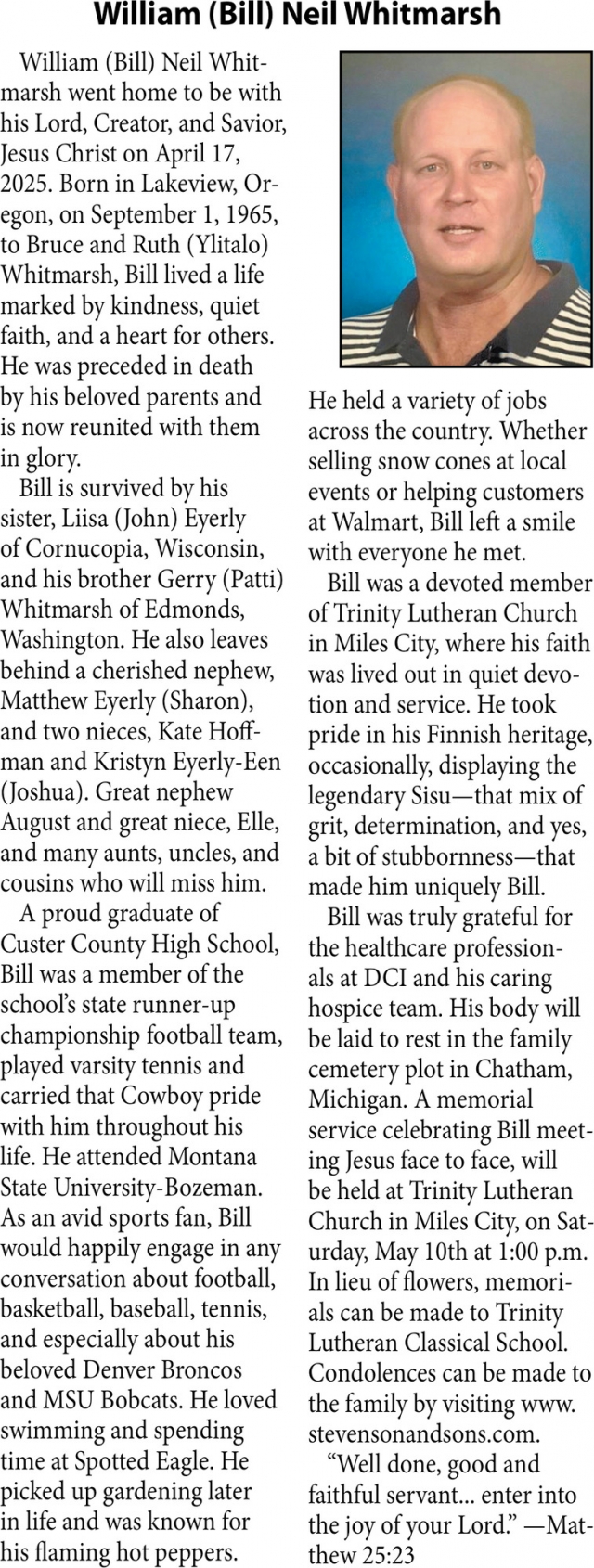 William Neil Whitmarsh, Obituaries, Glendive, MT