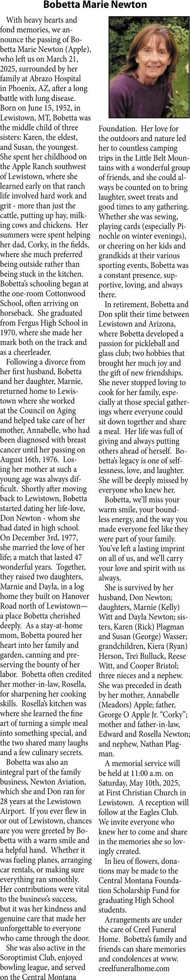 Bobetta Marie Newton, Obituaries, Glendive, MT