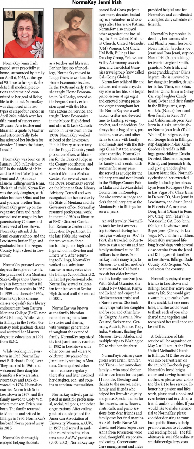 NormaKay Jenni Irish, Obituaries, Glendive, MT