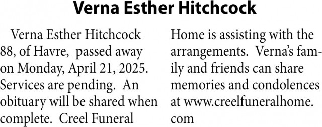 Verna Esther Hitchcock, Obituaries, Glendive, MT