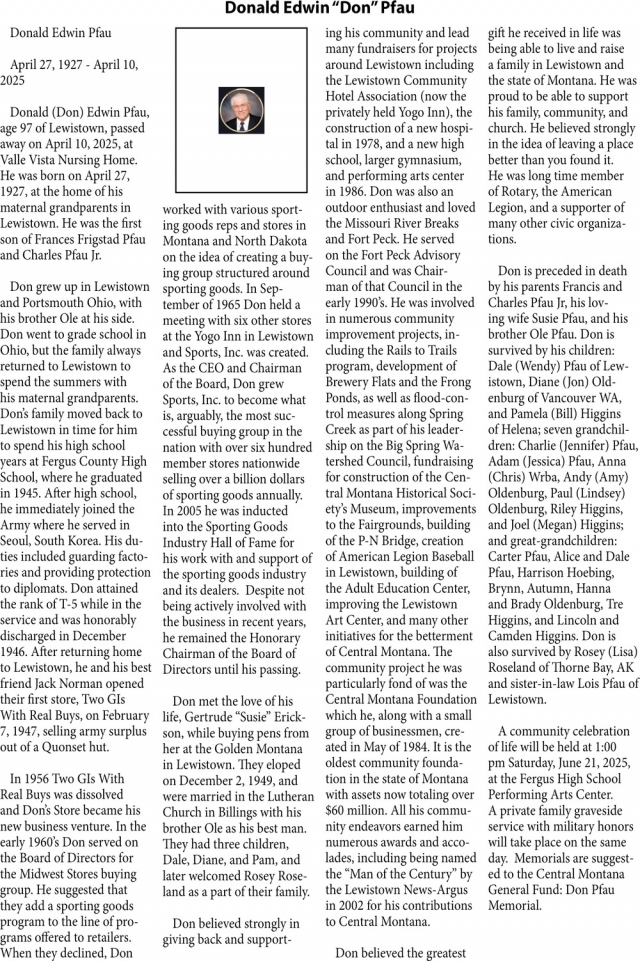 Donald Edwin Pfau, Obituaries, Glendive, MT