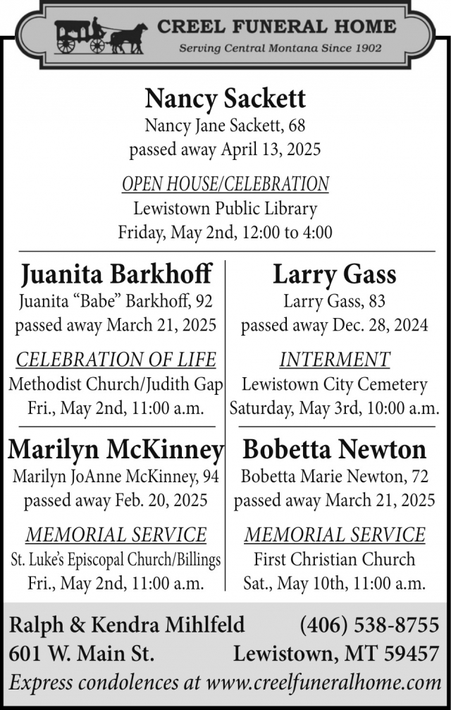 Nancy Jane Sackett, Creel Funeral Home, Lewistown, MT