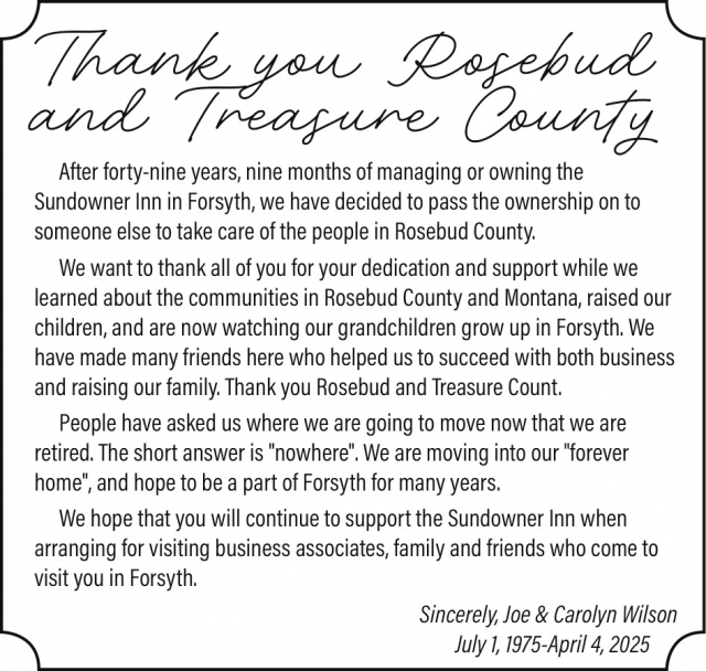 Thank You Rosebud and Treasure County, Sundowner Inn