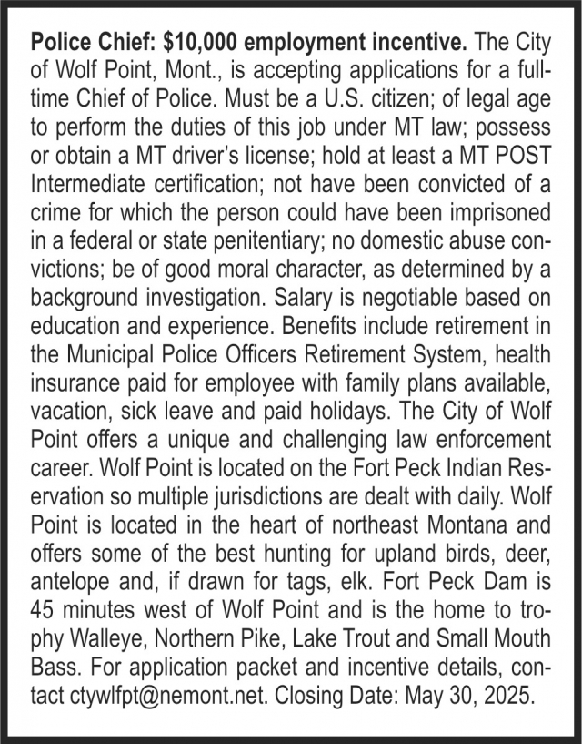 Police Chief, City of Wolf Point