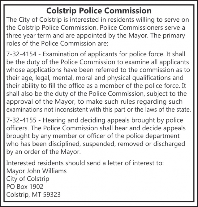 Colstrip Police Commission, City of Colstrip, Colstrip, MT