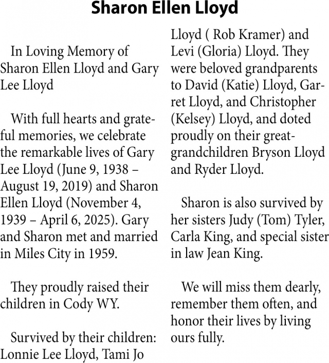 Sharon Ellen Lloyd, Obituaries, Glendive, MT