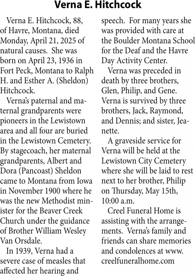 Verna E. Hitchcock, Obituaries, Glendive, MT
